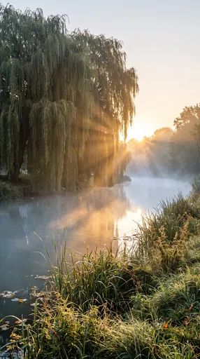 Weeping Willows Over Misty Sunrise River
