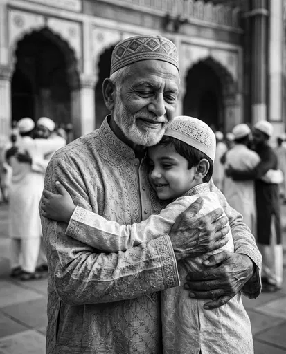 Grandfather Hugging Grandson During Eid Celebration
