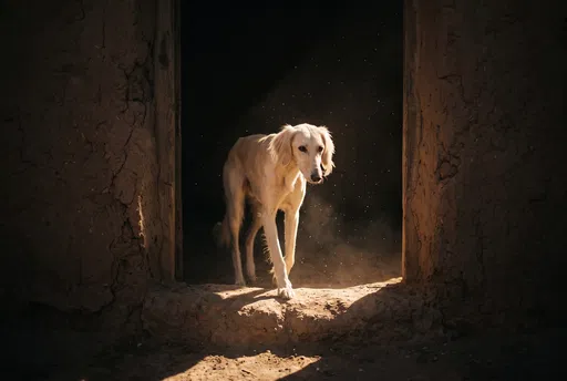 Pale Persian Hound in Sunlit Doorway