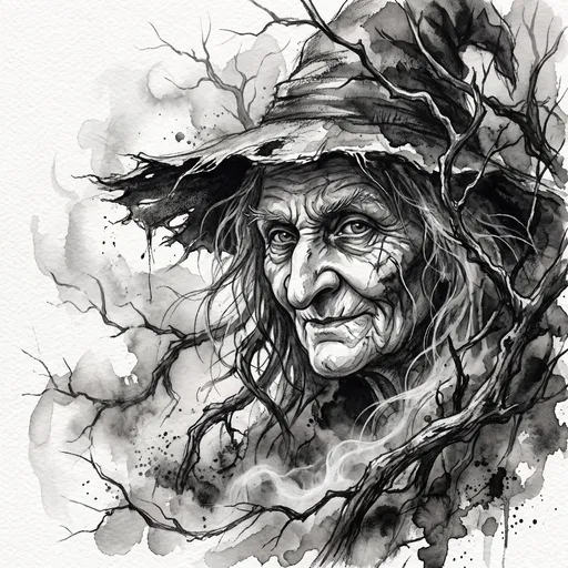 Monochrome Ink Wash Witch Portrait