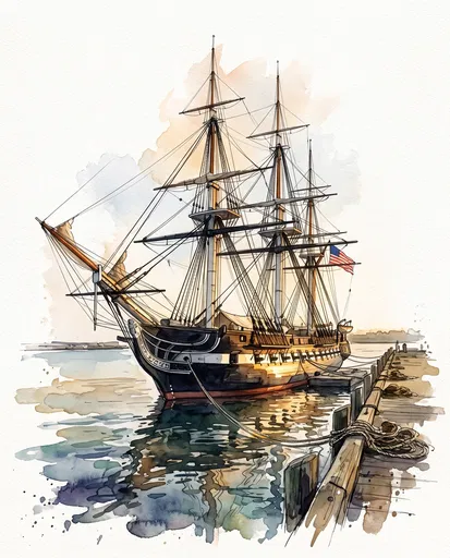 Watercolor Illustration of Historic Frigate at Pier