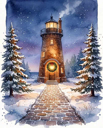 Watercolor Christmas Lighthouse in Winter Snow