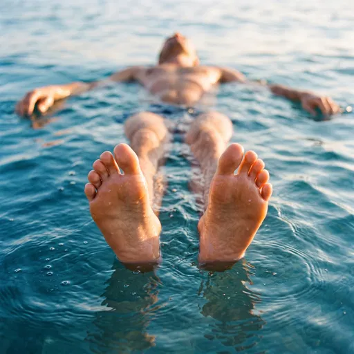 Swimmer Floating With Bare Feet in Focus