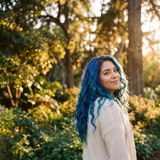 Woman With Blue Hair in Sunlit Park