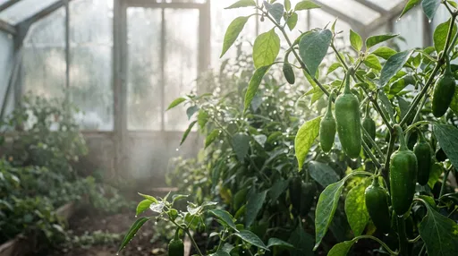 Green Jalapeño Peppers Growing in Misty Greenhouse