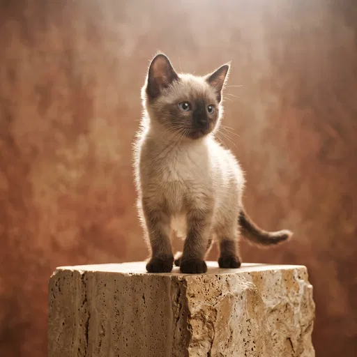 Siamese Kitten Standing on Stone Plinth