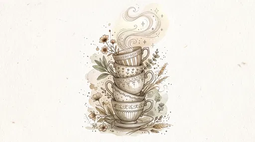 Watercolor Stacked Teacups and Wildflowers Illustration
