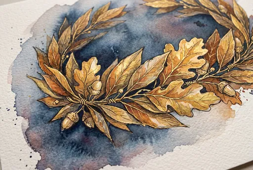 Watercolor Gold Laurel and Oak Wreath