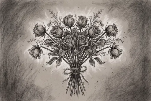Charcoal Drawing of Symmetrical Wilted Rose Bouquet