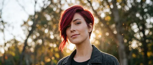 Woman With Ruby Red Asymmetrical Pixie Cut