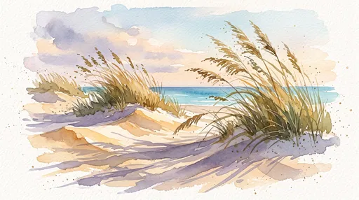 Watercolor Coastal Sand Dunes and Sea Oats