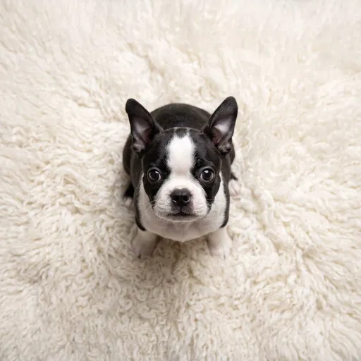 Boston Terrier Puppy on White Rug