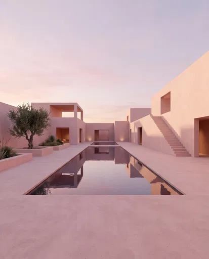 Minimalist Pink Stucco Courtyard with Pool