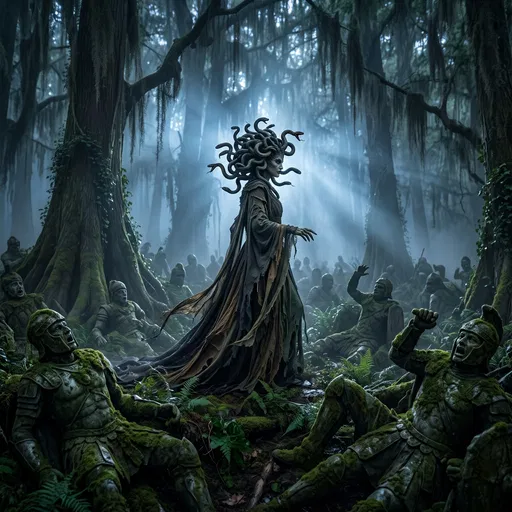 Medusa in Misty Forest with Stone Soldiers