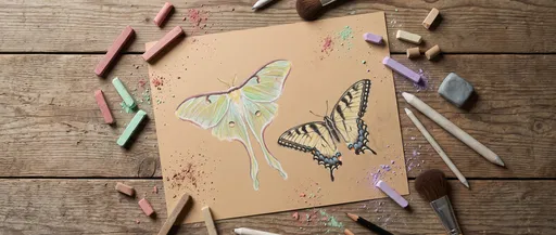 Pastel Drawing of Moth and Butterfly