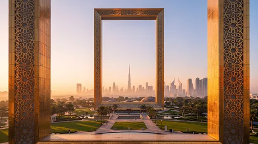 Golden Architectural Frames Overlooking Dubai Skyline