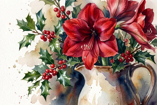 Watercolor Amaryllis and Holly in Pitcher