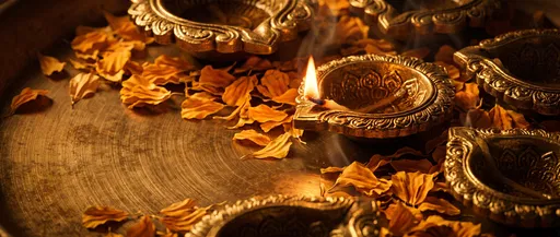 Lit Brass Diya with Marigold Petals
