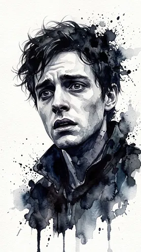 Watercolor Portrait of Frightened Young Man