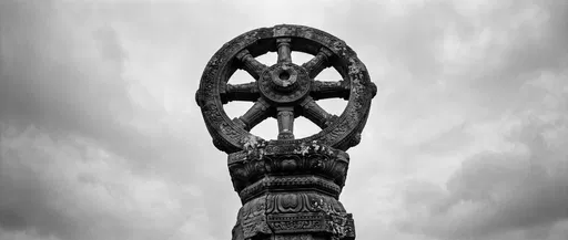 Ancient Stone Dharmachakra Wheel in Monochrome