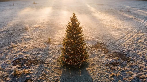 Illuminated Christmas Tree in Frosty Morning Meadow