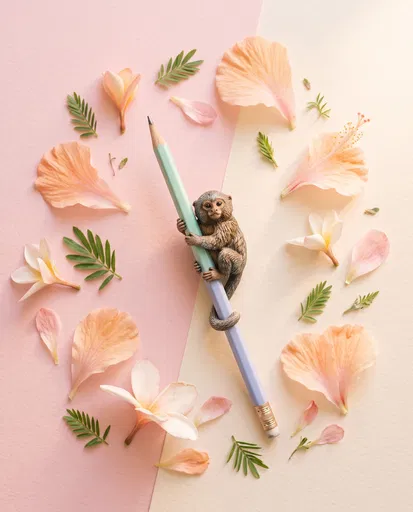 Miniature Monkey Figurine on Pastel Pencil