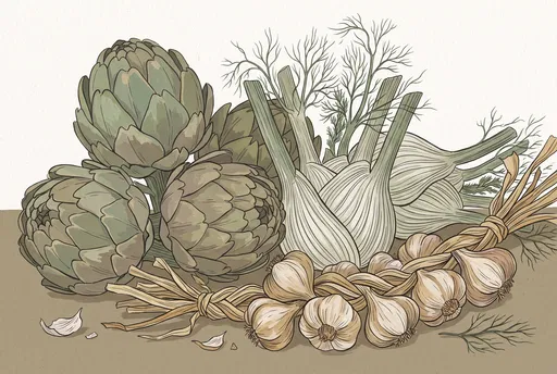 Artichokes, Fennel, and Garlic Culinary Illustration