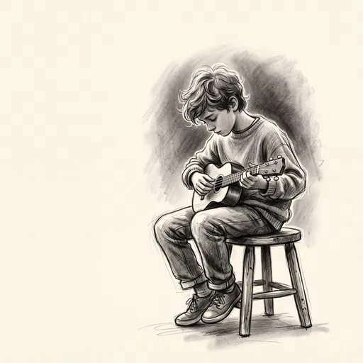 Charcoal Sketch of Boy Playing Ukulele