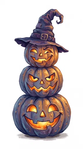 Stacked Jack-O'-Lanterns With Witch Hat