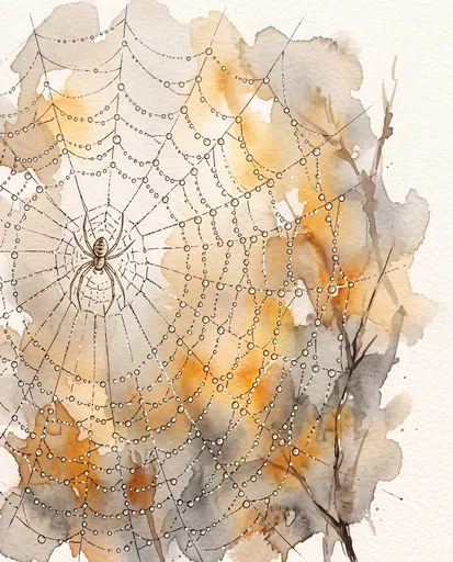 Watercolor Autumn Spiderweb With Morning Dew