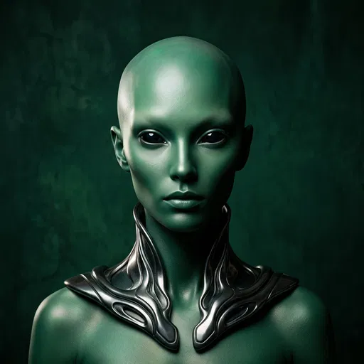 Green Alien Portrait with Metallic Collar
