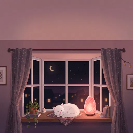 Sleeping White Cat on Cozy Night Windowsill