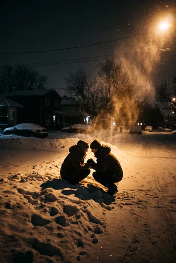 Couple Crouching on Snowbank Under Streetlight