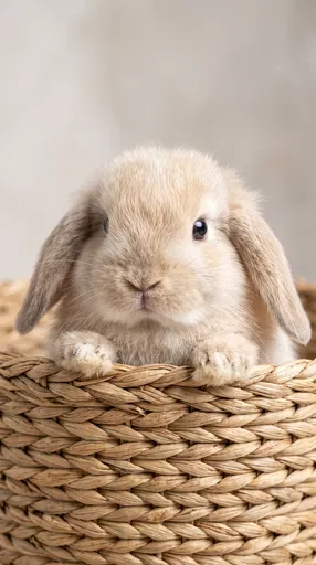 Beige Lop Bunny in Woven Basket