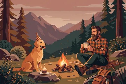 Man and Dog Celebrating Birthday by Campfire