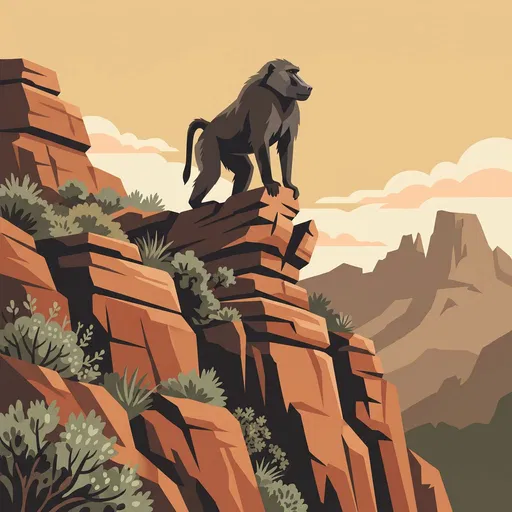 Baboon Standing on Rocky Cliff Illustration
