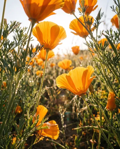 Backlit Orange California Poppies in Morning Dew