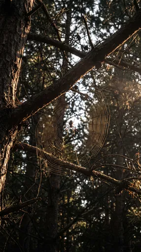 Spider on Golden Lit Web in Pine Tree