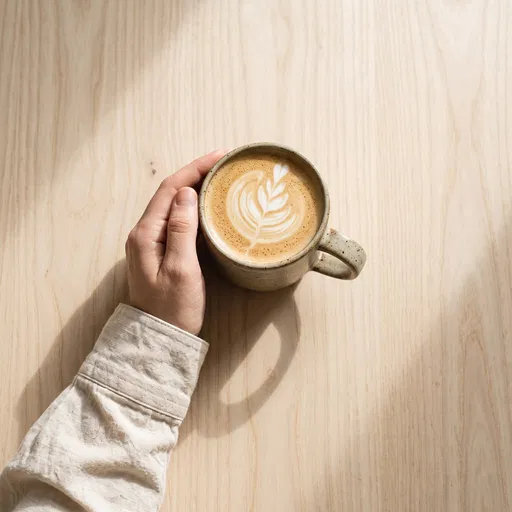 Overhead Hand Touching Latte Art Mug