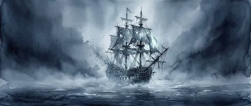 Watercolor Ghost Ship in Foggy Sea