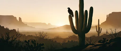 Eagle Silhouette on Desert Cactus at Sunrise