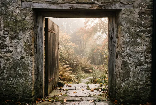 Rustic Stone Doorway to Misty Autumn Garden