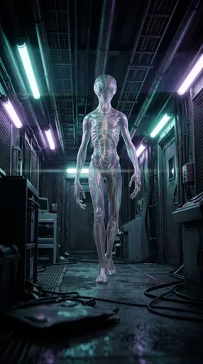 Translucent Alien Walking in Research Corridor