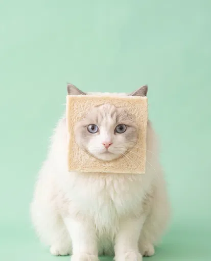 Fluffy Cat Wearing Bread Slice Portrait