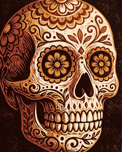 Ornate Linocut Calavera Sugar Skull Illustration