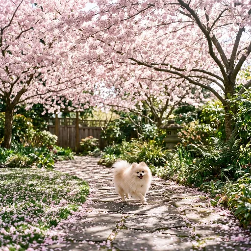 Cream Pomeranian Walking Under Cherry Blossoms