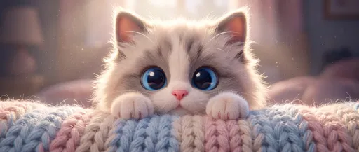 Cute Cartoon Kitten Peeking Over Blanket