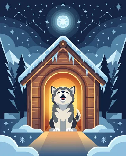 Cartoon Malamute Puppy Howling in Doghouse