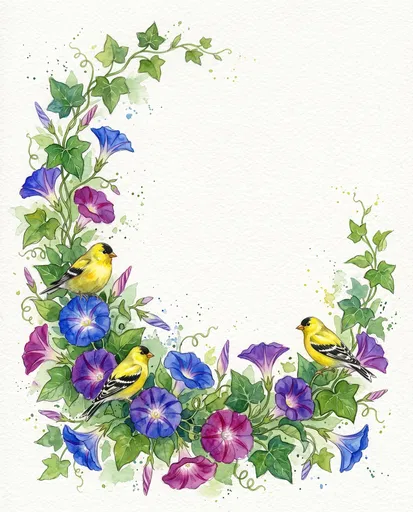 Watercolor Morning Glory and Goldfinch Wreath