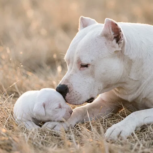 Dogo Argentino Mother Nuzzling White Puppy